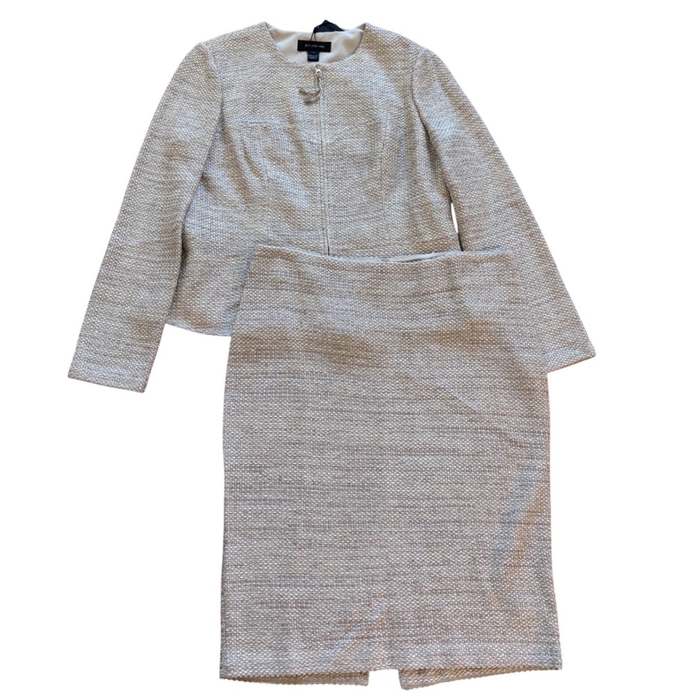 St John Knits Gold Metallic Textured Knit Skirt Suit Set Jacket 14 K62V011 NEW